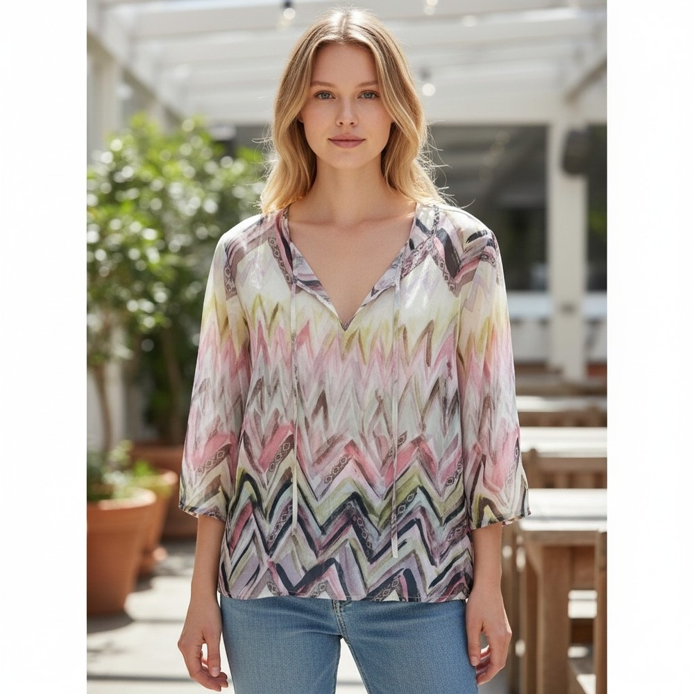 D. Exterior Italy Silk Sheer Chevron Zigzag Print V-Neck Tie Blouse Multi-Color